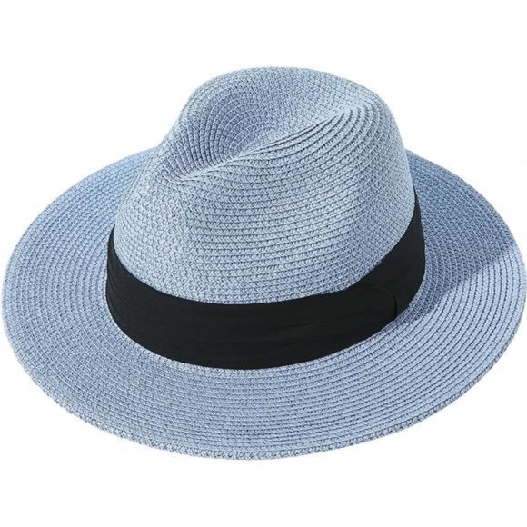 Women Wide Brim Straw Panama Roll up Hat Light Blue